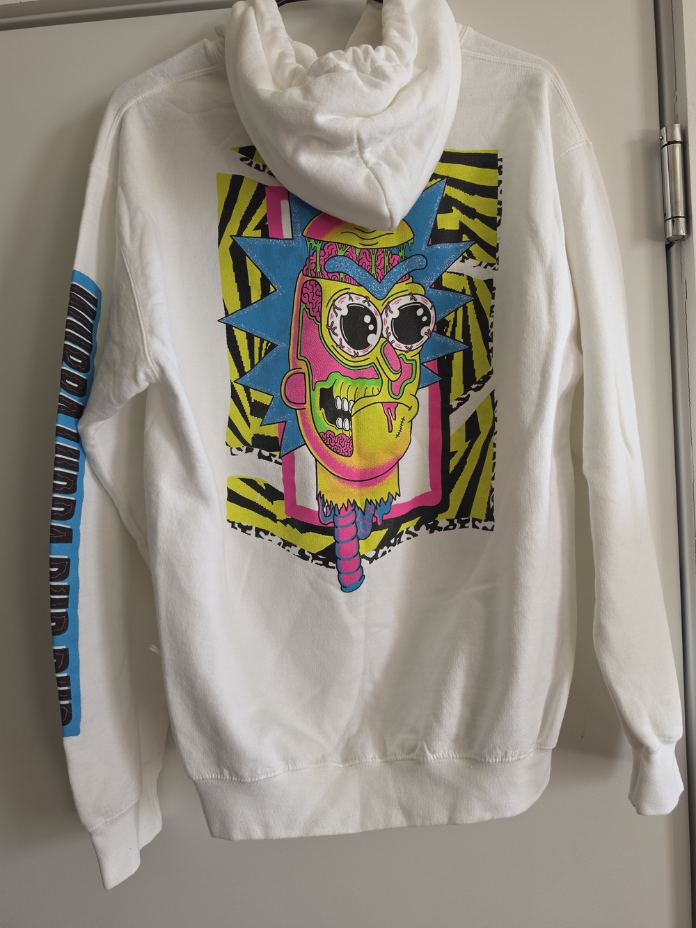 White Graphic Hoodie Sweatshirt with Neon Rick-Style Print